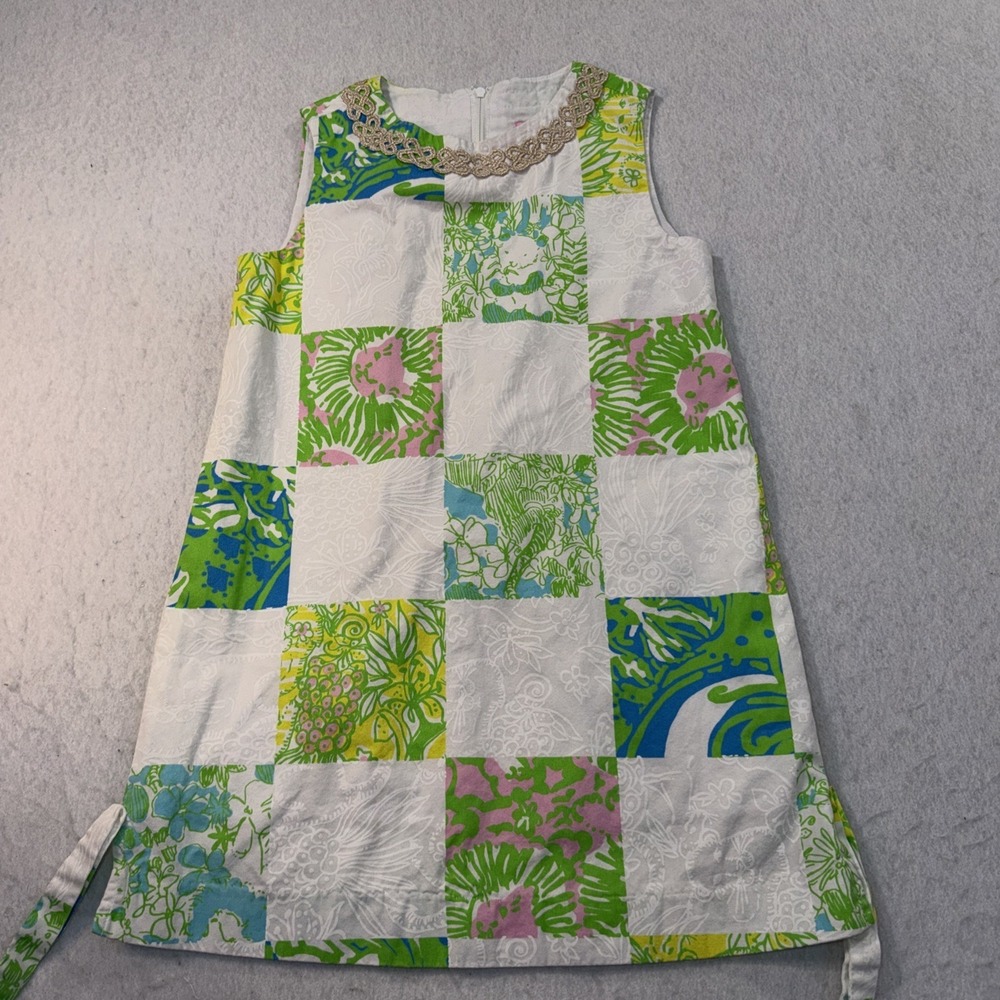 Lilly Pulitzer Girls' Shift Dress size 7, White Green Pink sleeveless Cotton